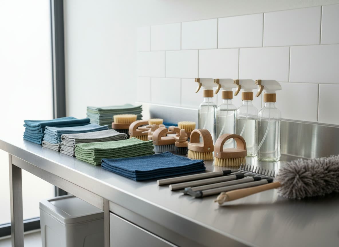 Neatly arranged professional cleaning tools, folded microfibre cloths, brushes, and eco-friendly spray bottles on a clean stainless-steel counter