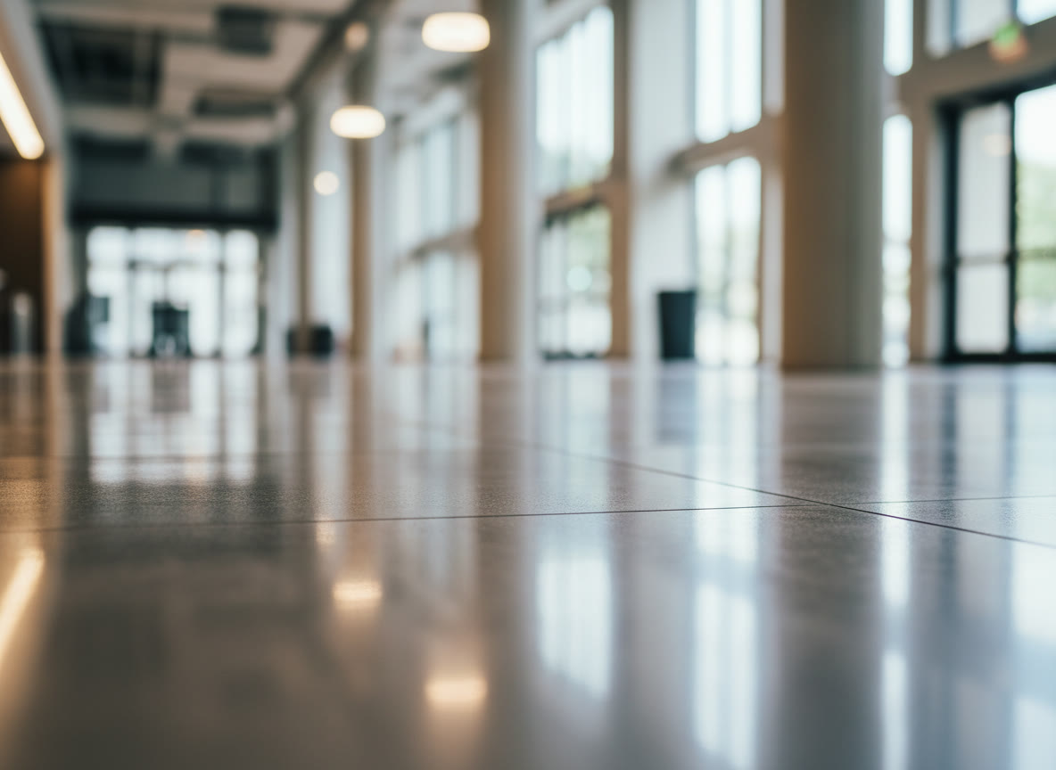 Close-up of a gleaming, freshly polished commercial floor with soft light reflections