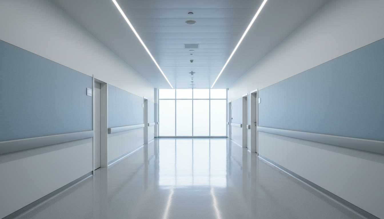 A bright, clean modern hospital corridor with polished reflective floors — the kind of high-standard environment ProClean prepares cleaning teams for