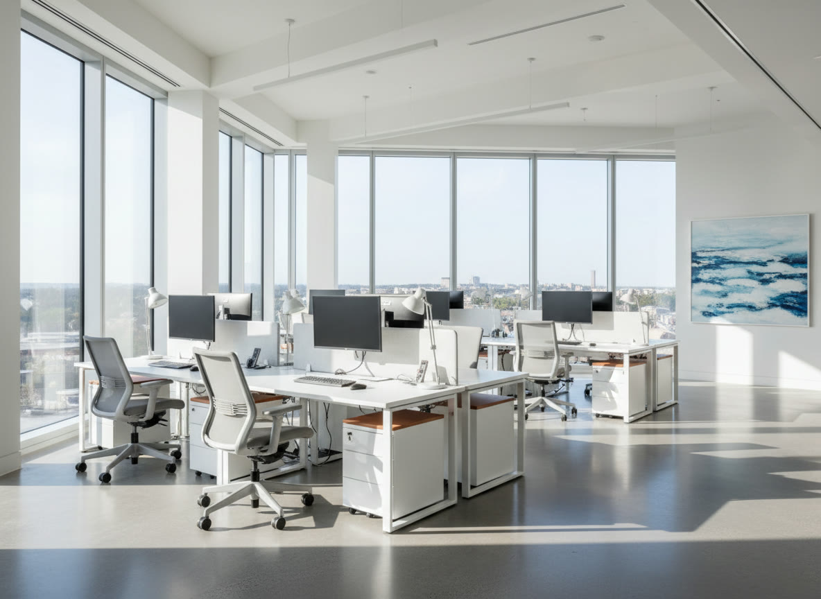 An immaculate, freshly cleaned open-plan office with tidy desks and polished floors in morning light