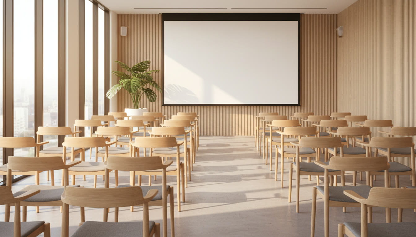 A bright, modern training room with rows of chairs facing a presentation screen, ready for a cleaning-staff session